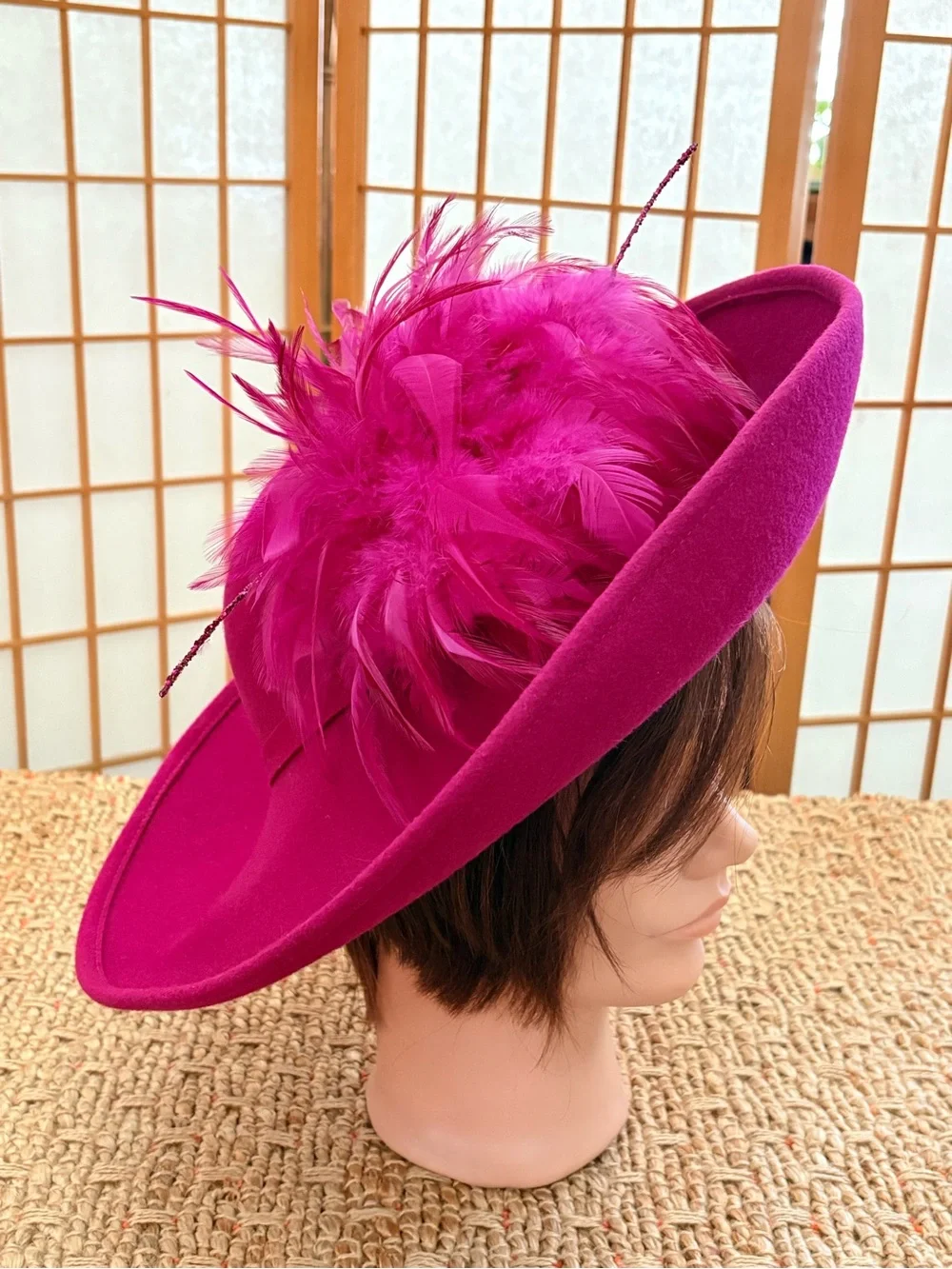 Vintage Deborah Fashions Fuchsia Feathered Felt Tilt Hat with Decorative Trim